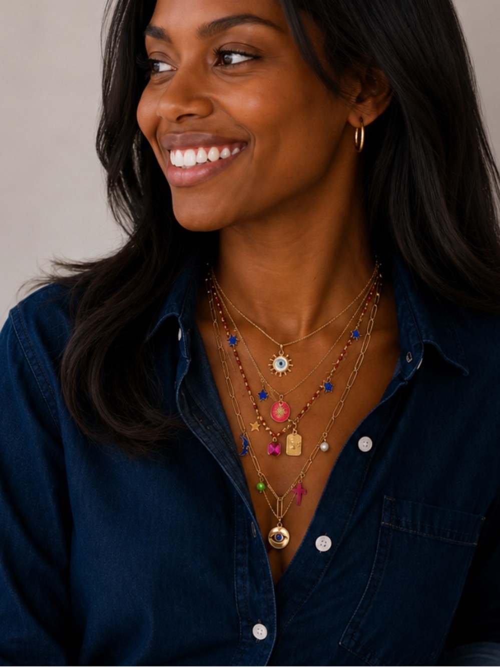 New! Preppy Boho Colorful Gold Evil Eye Necklace Stack Set 5034